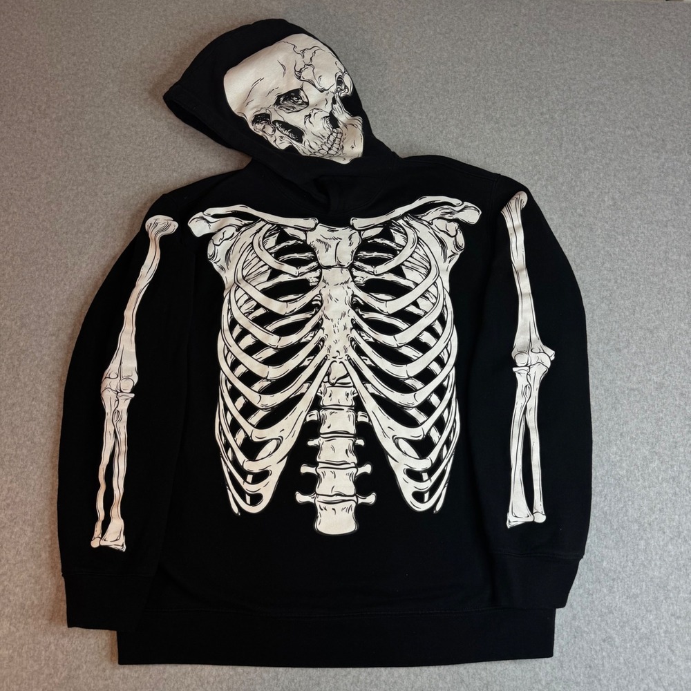 Forever 21 Men Black XL Hoodie White Skeleton Skull Bones Graphic Halloween